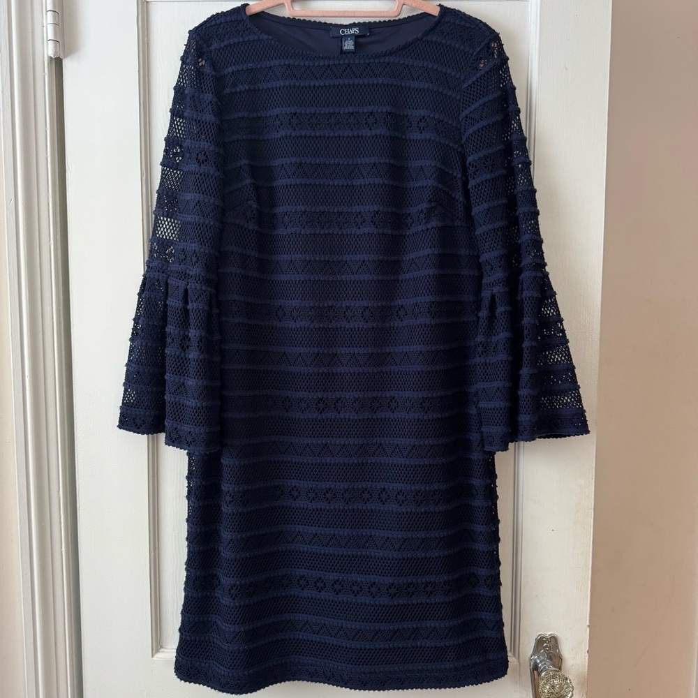 Chaps Midnight Blue Long Sheer Bell Sleeve Dress Size 12 Classic, Contemporary